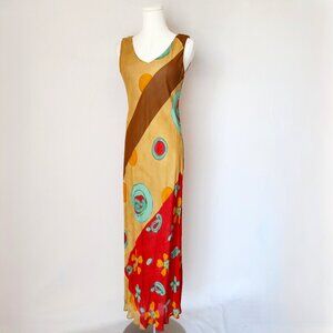 Vintage Y2K Tessuto Made In USA Rayon Chiffon Maxi Dress Sleeveless Multicolor